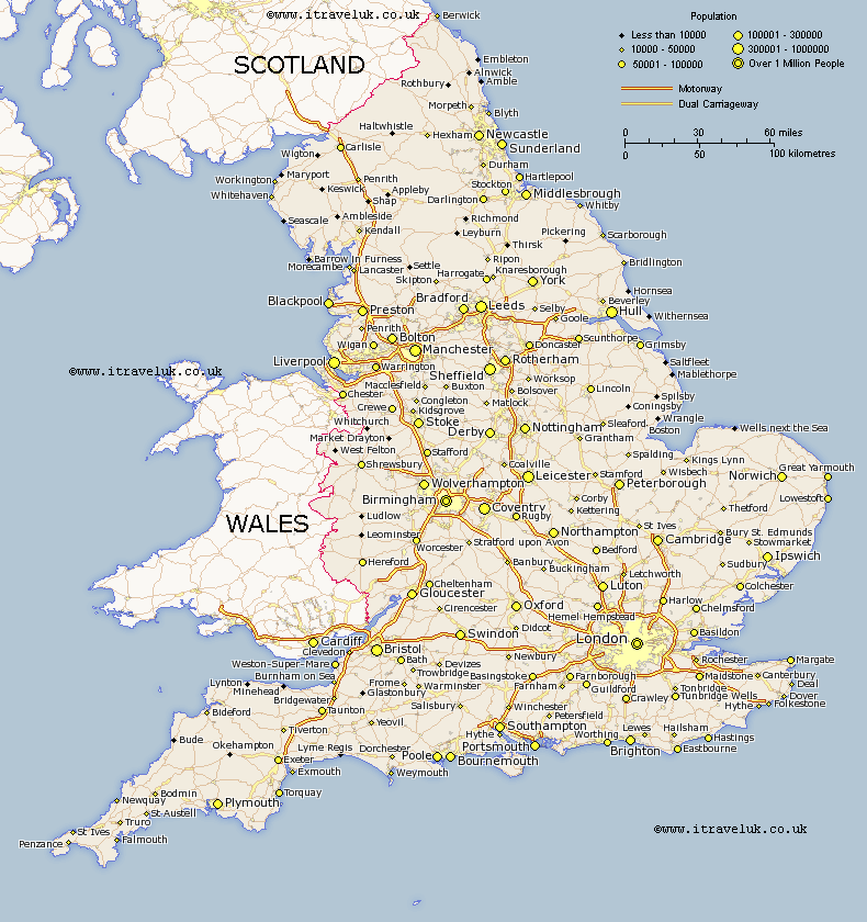 England : Map of England Showing Major Towns and Roads